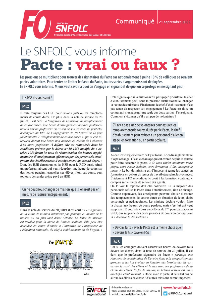 SNFOLC_national's tweet photo. #pacte : vrai ou faux ?
Alors que les pressions se multiplient pour trouver des signataires du Pacte. 
Mieux vaut savoir à quoi on s’engage en signant et de quoi on se protège en ne signant pas !
Le @SNFOLC_national vous informe.
https://t.co/zy8Cjjeyfc https://t.co/waMqxKufjK