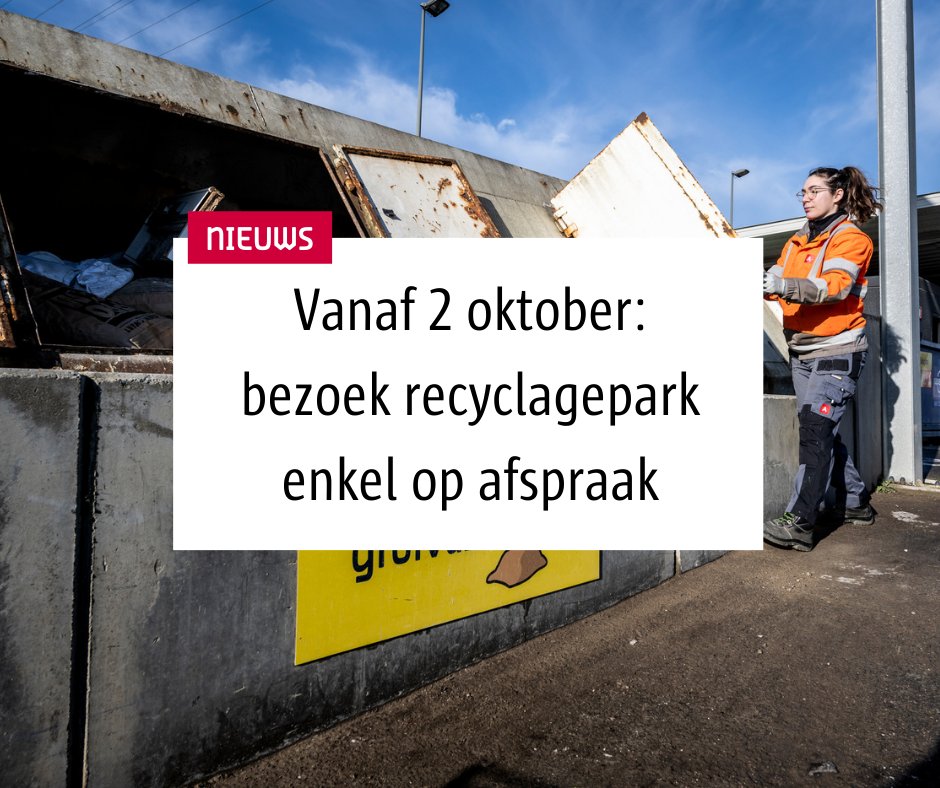 Wil je binnenkort een #bezoek brengen aan het #recyclagepark? 📆Vanaf maandag 2 oktober moet je altijd een #afspraak maken. Dat doe je via de online #reservatietool. Meer info ➡ bit.ly/45dszPi
