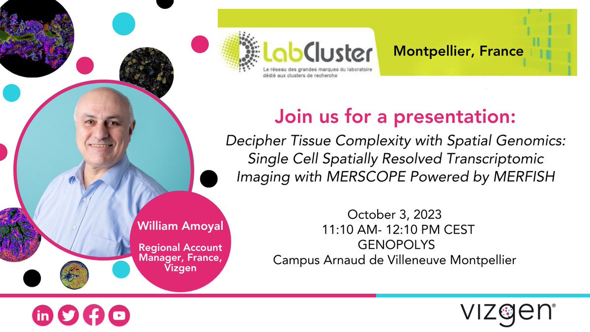 vizgen_inc's tweet photo. 📣Join us at the #LabCluster Tour in Montpellier, France on October 3rd to learn about #MERFISH #SpatialTranscriptomics with the #MERSCOPE!🇫🇷

William Amoyal is presenting from 11:10 AM to 12:10 PM CEST- learn more: https://t.co/CAO52SZ3A7

#Vizgen #SpatialBiology https://t.co/c6VXtsxakO
