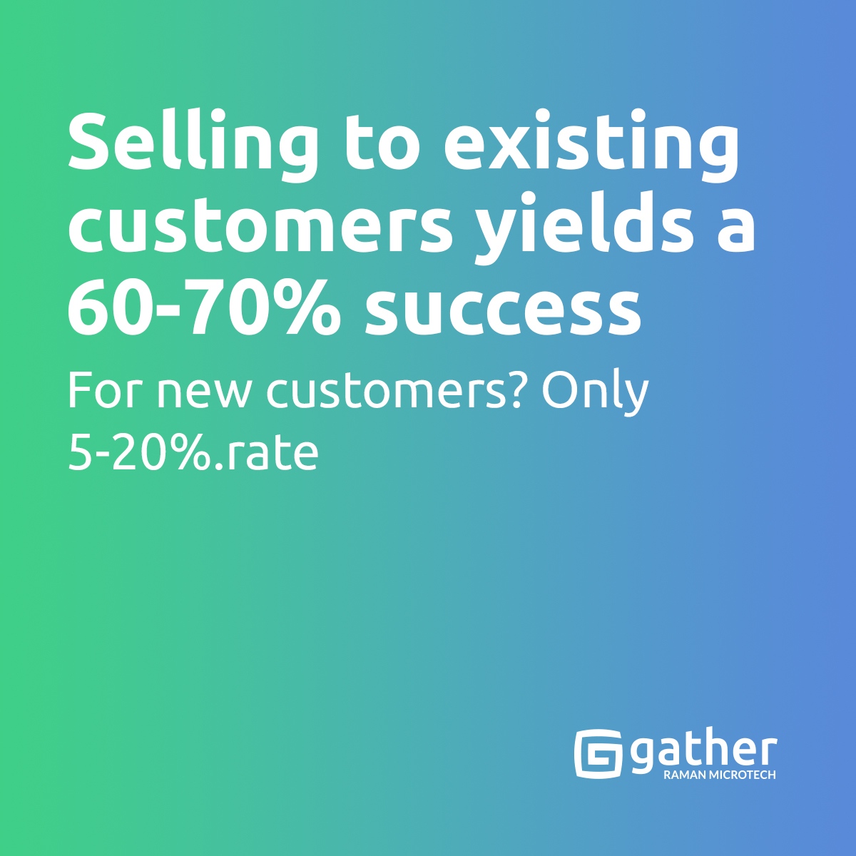 Selling to existing customers: 60-70% success rate. New customers? Just 5-20%.

Customer Experience Management is crucial! Discover how Gather integrates seamlessly with 100s of technologies to enhance your strategy: gathercapture.com/data-services/ 

#CustomerExperience #SalesStrategy
