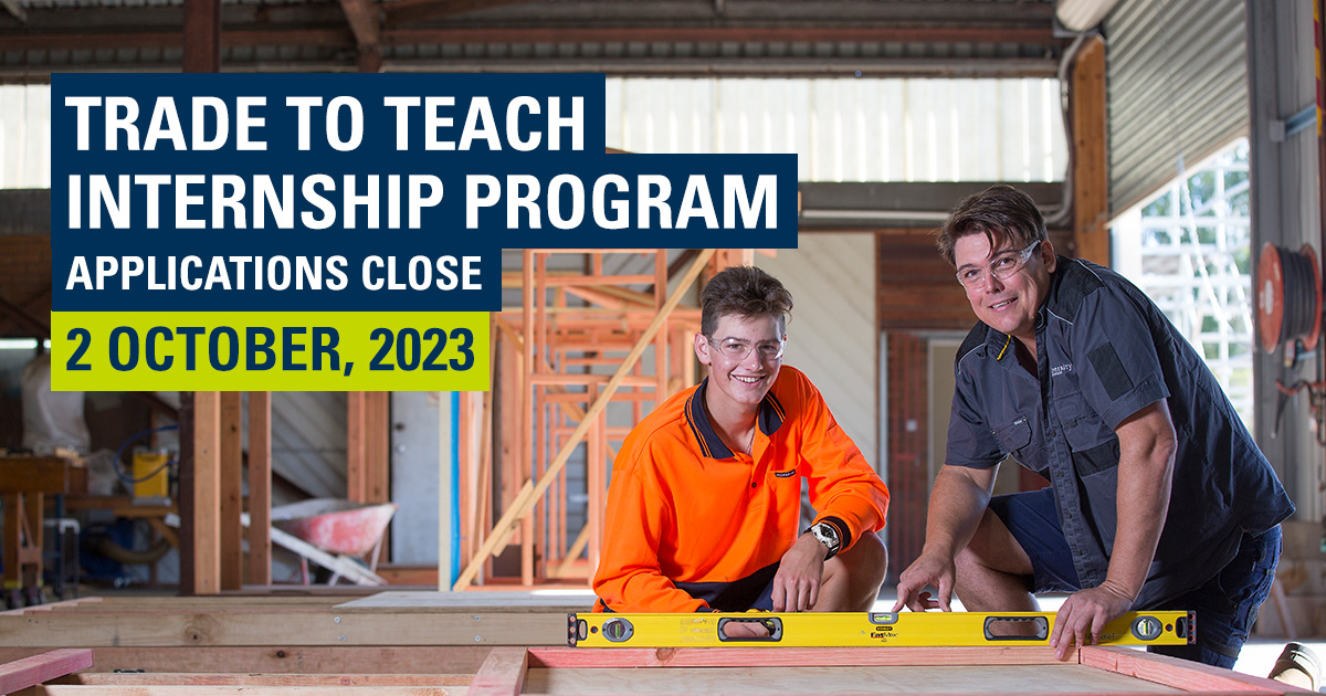 CQU's tweet photo. Ready to teach your trade? The #TradetoTeach program provides a pathway for experienced tradespeople to pursue a career teaching foundational trade skills to secondary students. Receive financial support, a paid internship and more. Apply today: https://t.co/NqOXgI9uJP #teachqld https://t.co/nyzWwB7Zkk