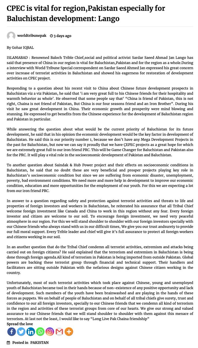 CPEC is vital for region,Pakistan especially for Baluchistan development: Lango  worldtribunepak.com/?p=8146