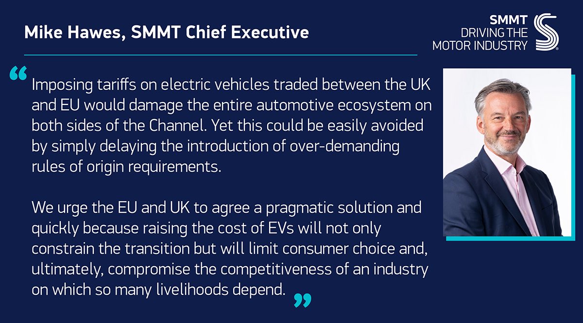 📣“Imposing tariffs on electric vehicles traded between the UK and EU would damage the entire automotive ecosystem on both sides of the Channel”

<a href="/MikeHawesSMMT/">Mike Hawes</a> on rules of origin 

<a href="/ACEA_auto/">ACEA</a>