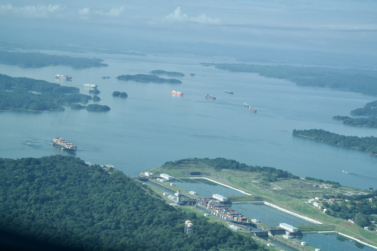 Panama Canal Traffic Jam — flew over canal morning of 24Sep2023.  End-to-end.  Circled ship traffic jams on each side.  Gatun Lake is low.  Also boated onto Gatun Lake on 23Sep.  Low-water leaves thousands and thousands of century-dead trees poking above water.