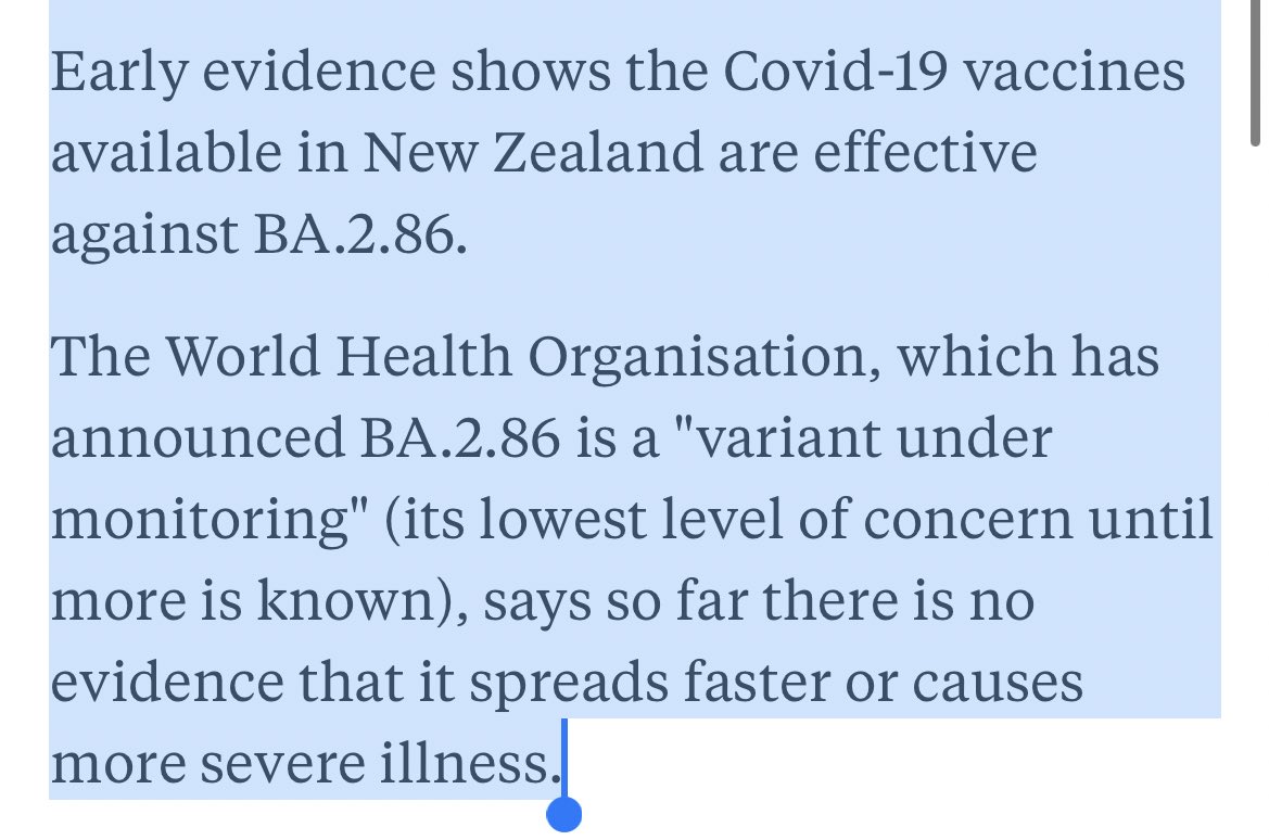 WicMar's tweet photo. Hi #healthmed tweeps.
Is this really true? Are the 2022 bivalent vaccines ”effective” against BA.2.86? How effective?
Ps. We will not have the updated Covid vaccines in NZ until 2024(if at all) so the government pushes this: old vaccines OK and new variant pirola is no probs! https://t.co/vu0KpqoOYU
