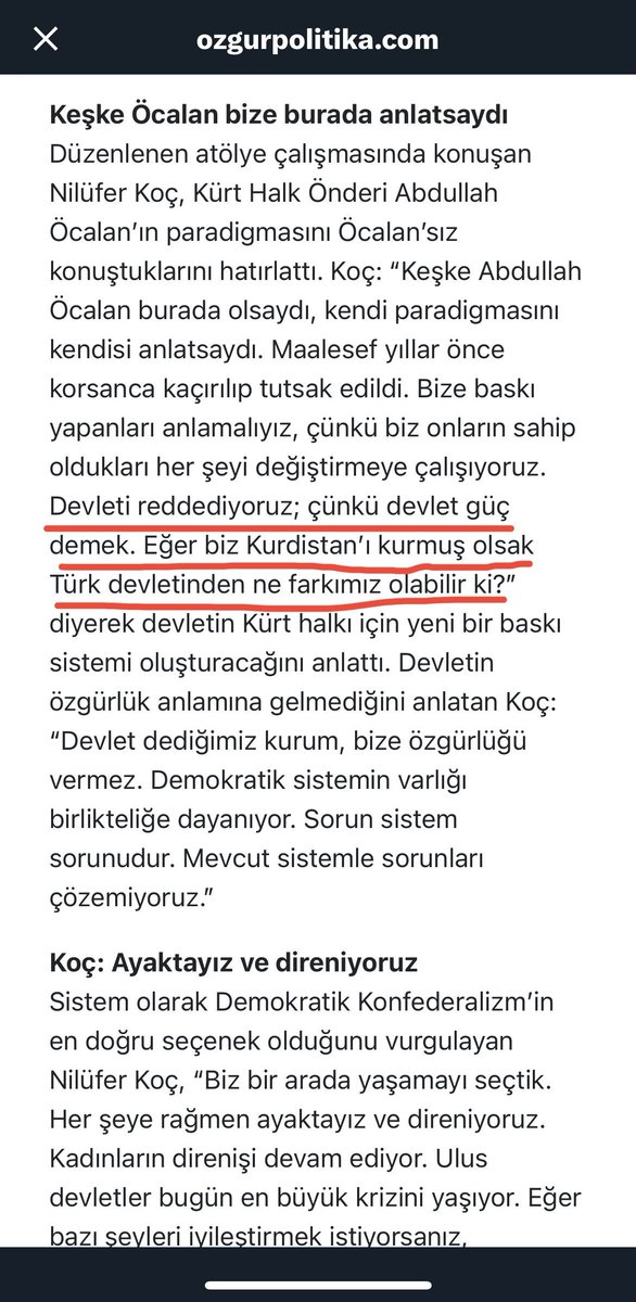 Rojhat_Amedi's tweet photo. PKK/KNK Eşbaşkanı Nilüfer Koç, “Devleti reddediyoruz. Eğer biz Kürdistan'ı kurmuş olsak Türk devletinden ne farkımız olabilir ki?” 
PKK bu politika ile sömürgeciliğin Kürtlere dayattığı statüye hizmet ediyor.
Kürtlerin, bu mantığa göre hareket edenlerle ulusal birliğini sağlaması mümkün değildir.