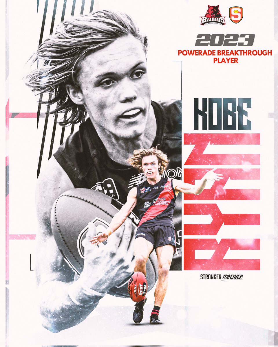 Congratulations to Kobe Ryan who has been announced as the 2023 Powerade Breakthrough Player 🙌🏼❤️🖤 The award was introduced in 2007, designed to recognise and reward the best emerging young talent in the Hostplus SANFL League. #Bloods #StrongerTogether