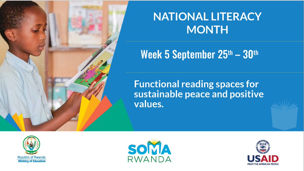 Functional reading spaces for sustainable peace and positive values is the theme for the 5th week of #NLMRwanda2023! Reflection: Are you familiar with the reading spaces in your community and Schools? #RwandaNLM2023 #Foundationallearning