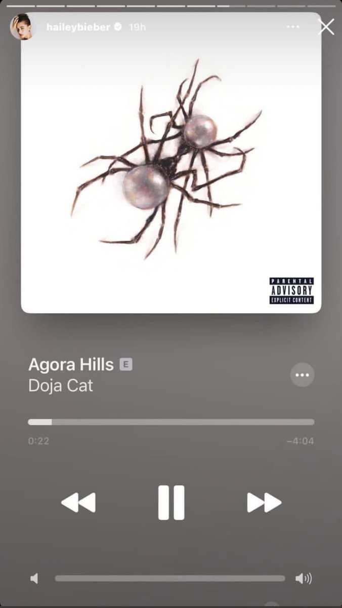 Hailey Bieber listening to Doja Cat’s new single, “Agora Hills”, on mute.