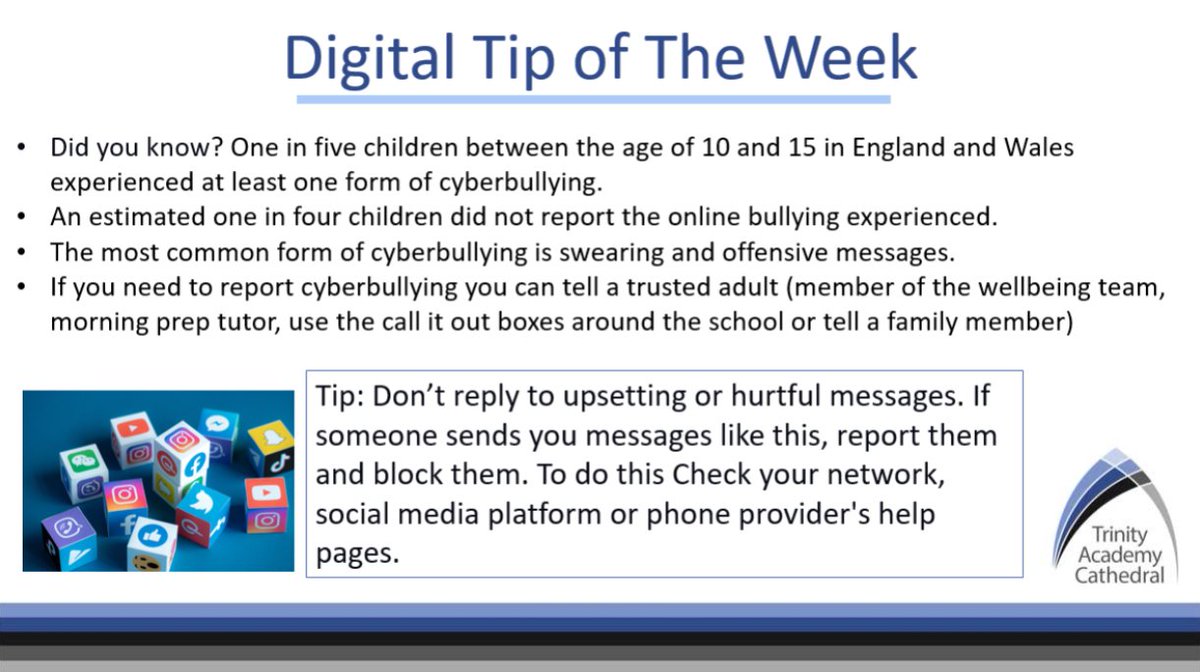 ComputingTac's tweet image. This term sees the return of our digital tip of the week, providing key guidance to young people in Morning Prep as to how they can improve their digital safety and security. This week's tip focuses on what to do if you are targeted with hateful messages online #TAC #DigitalTip🖥️