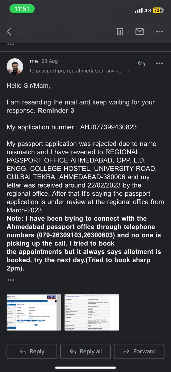 Ravi69725's tweet photo. @passportsevamea Hello, I have created the application on 12/01/2023 and it still under review. I have sent multiple mails, calls, tried to book appointments as well but no luck. Please check attached screenshots. Please help me to resolve my issues. https://t.co/cZwuZK5dn8