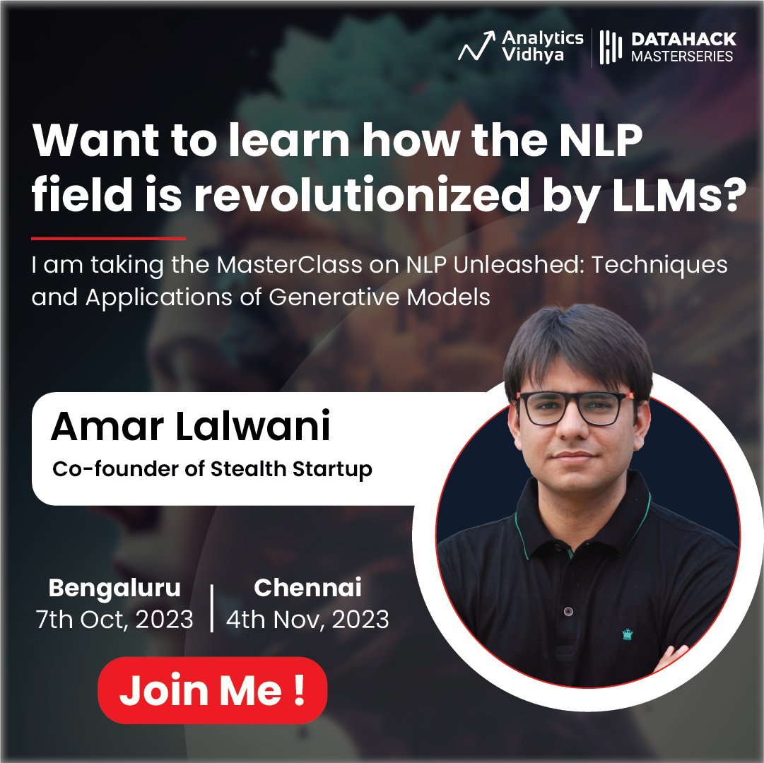 Want to learn how 'transformers' are transforming the field of NLP and AI?
Gear up for an engaging workshop that promises hands-on experiences, insights, and a journey from TF-IDF to the wonders of GPT-4 and beyond.

Register Today - 
masterseries.analyticsvidhya.com/?utm_source=so…

@AnalyticsVidhya