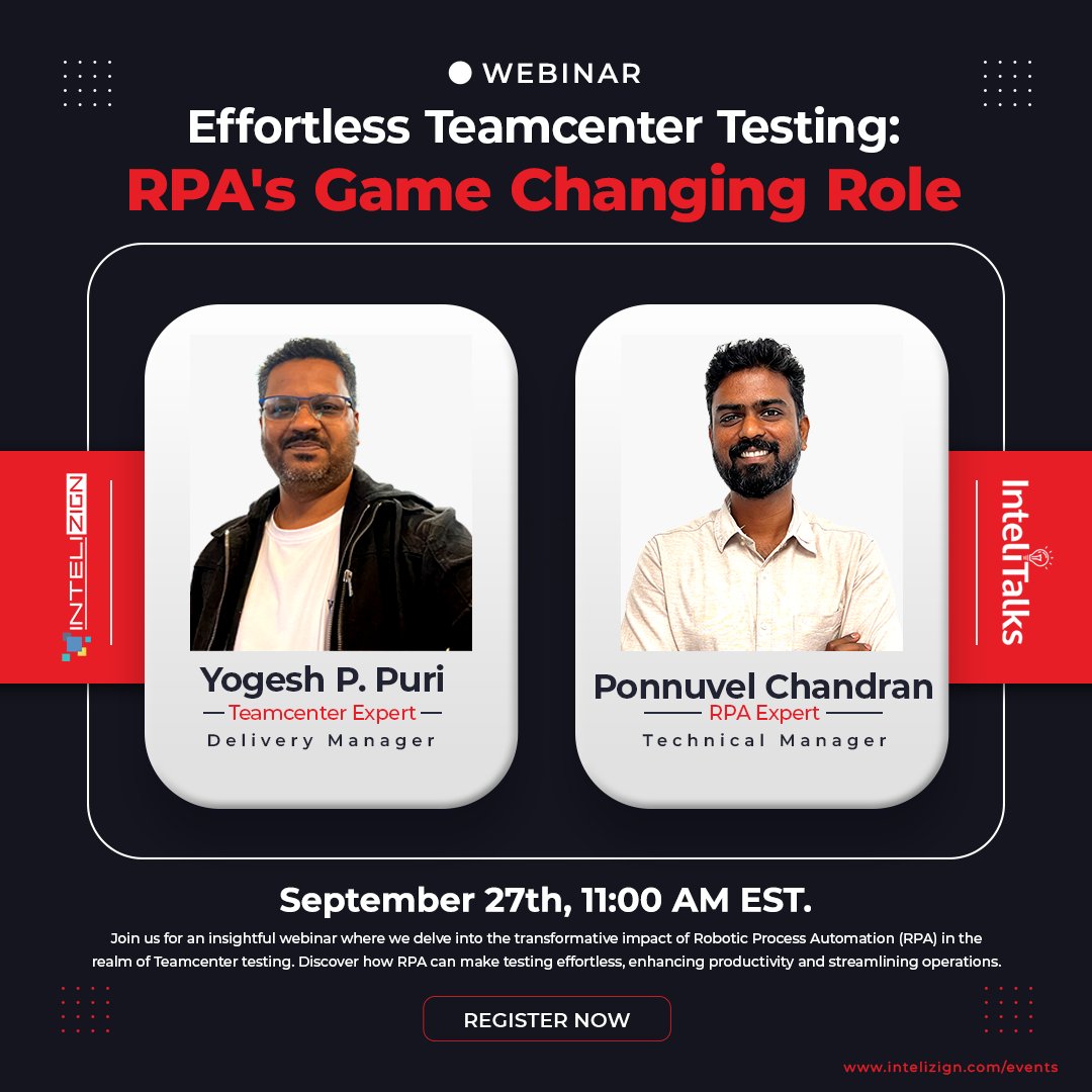 intelizign1's tweet photo. In Just 2 Days: The Future of Teamcenter Testing Unveiled with RPA!

🗓️ Mark Your Calendar: September 27th at 11:00 AM EST   Register NOW to secure your spot to journey with us: https://t.co/I8z08Yt8hc 

#TeamcenterTesting #RPA #Webinar #Productivity #Innovation #Intelizign https://t.co/kQ3NUDxLhf