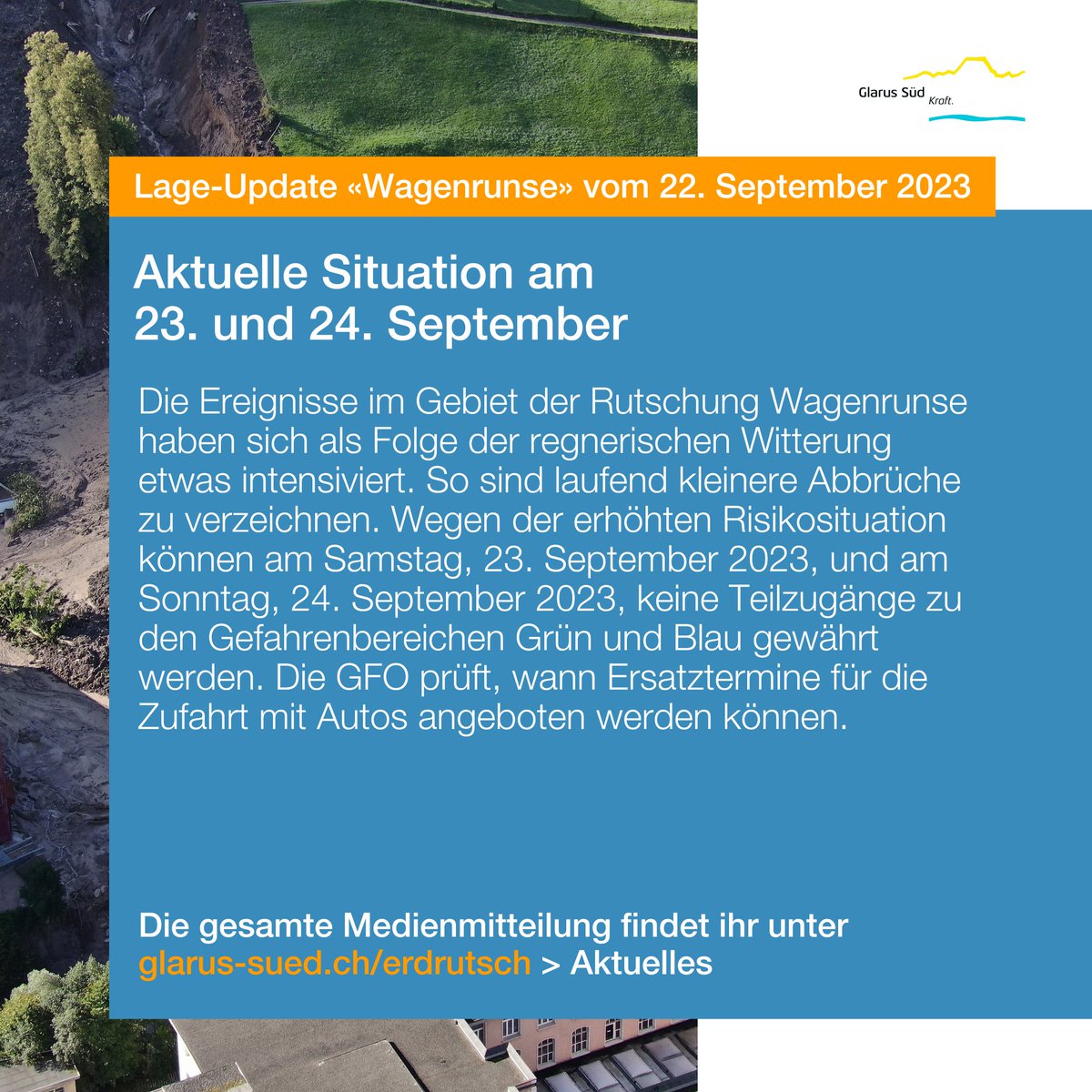 Aktuelles zum Ereignis «Wagenrunse». Die gesamte Medienmitteilung findet ihr unter glarus-sued.ch/erdrutsch > Aktuelles oder Link in bio.

#GlarusSüd #GlarusSued #Wagenrunse #Erdrutsch #Update #Lage #AktuelleSituation #Schwanden