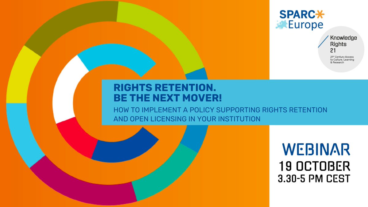 KnowledgeRights21 (@kr21org) on Twitter photo 1/ 💪 Be the next mover on #RightsRetention! Join the KR21 supported <a href="/SPARC_EU/">SPARC Europe</a> webinar to learn how you can help your institution to step-up and make a difference
📆 19 October
⏰ 3:30 PM CEST
🎟️ Register: tinyurl.com/RightsRetentio…
🔗 Info: knowledgerights21.org/news-story/19-…
#OpenAccess 1/ 💪 Be the next mover on #RightsRetention! Join the KR21 supported <a href="/SPARC_EU/">SPARC Europe</a> webinar to learn how you can help your institution to step-up and make a difference
📆 19 October
⏰ 3:30 PM CEST
🎟️ Register: tinyurl.com/RightsRetentio…
🔗 Info: knowledgerights21.org/news-story/19-…
#OpenAccess