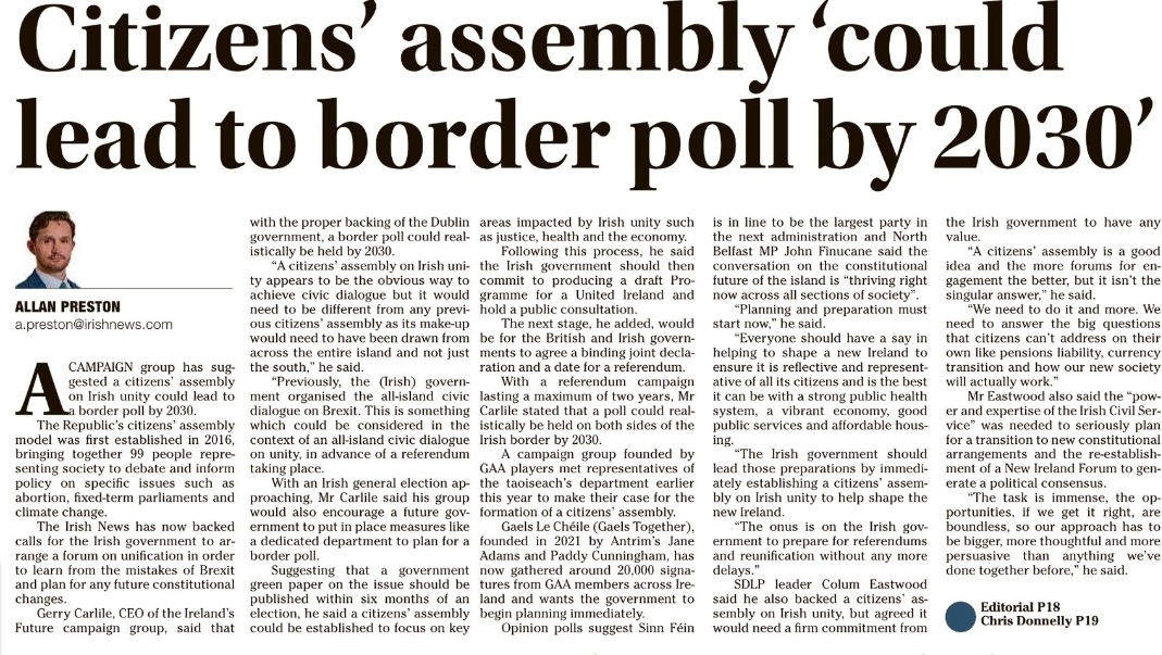 Think32_'s tweet photo. Citizens assembly could lead to border poll by 2030. - Alan Preston , Irish News. #Think32 https://t.co/OjIlAOsLnh