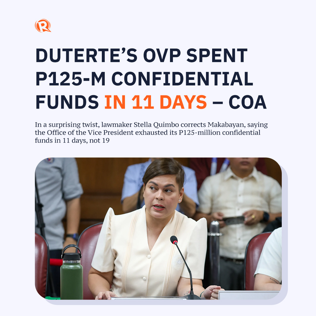 rapplerdotcom's tweet image. The Commission on Audit confirmed on Monday, September 25, that the Office of the Vice President under Sara Duterte’s leadership spent its P125-million confidential funds in 2022 within a shorter period of time than previously reported. trib.al/uGrGt6j