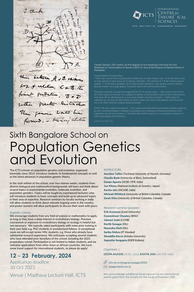 Pleased to announce the next edition of the Bengaluru Population Genetics and Evolution School @ictstifr scheduled in Feb 2024. Great lineup of instructors, apply by 30 Oct 2023, please RT! For details see icts.res.in/program/popgen…