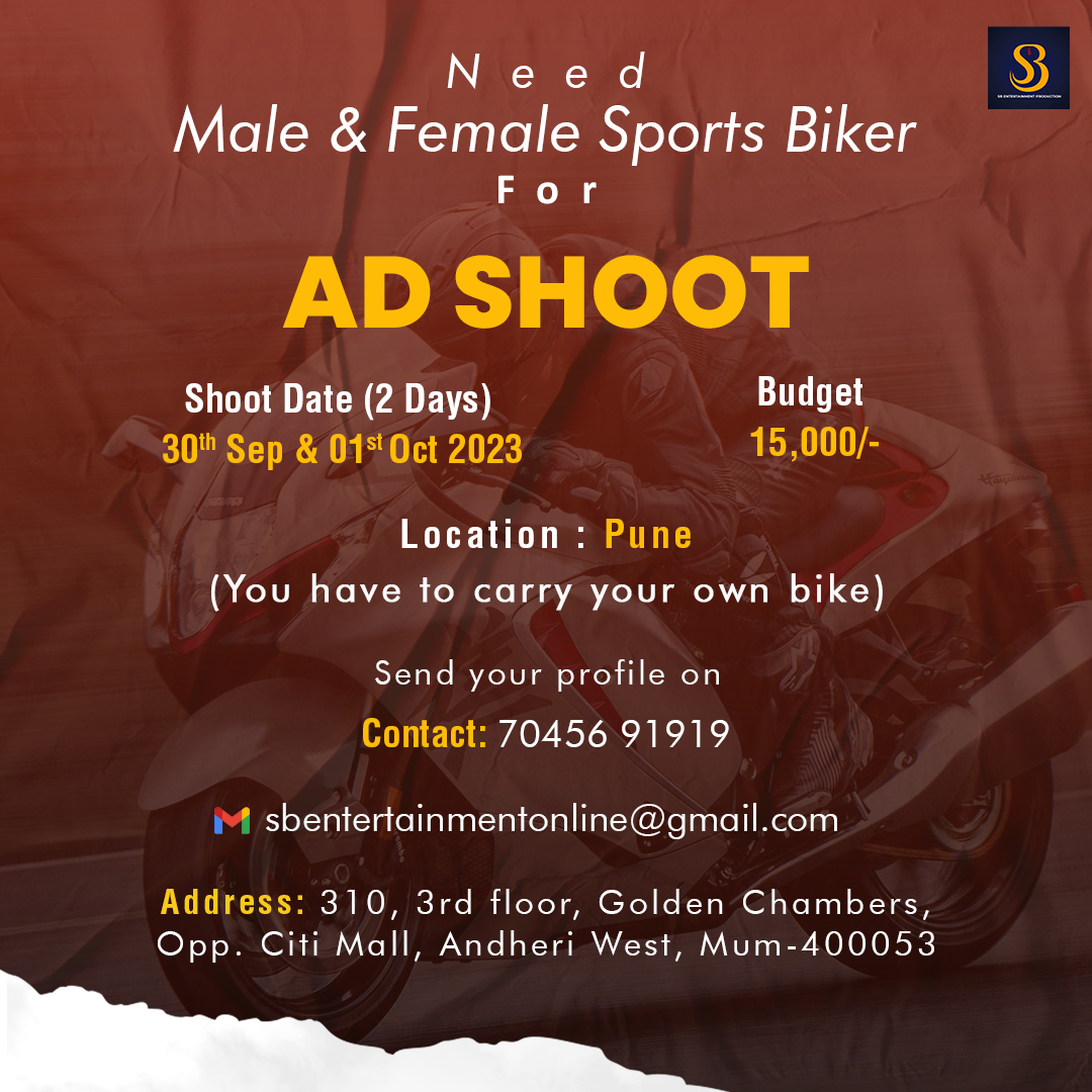 Need Male & Female Sports Biker For AD Shoot .
#PuneTheatre #theatregroup #punetheatre #puneactors #theatrelife #adshoot #ads  #mumbaimodel #mumbai #shootmodeon #auditionmumbai #mumbai #bikeradshoot #1millionaudition #onemillionaudition #auditionlife #sbentertainmentproduction