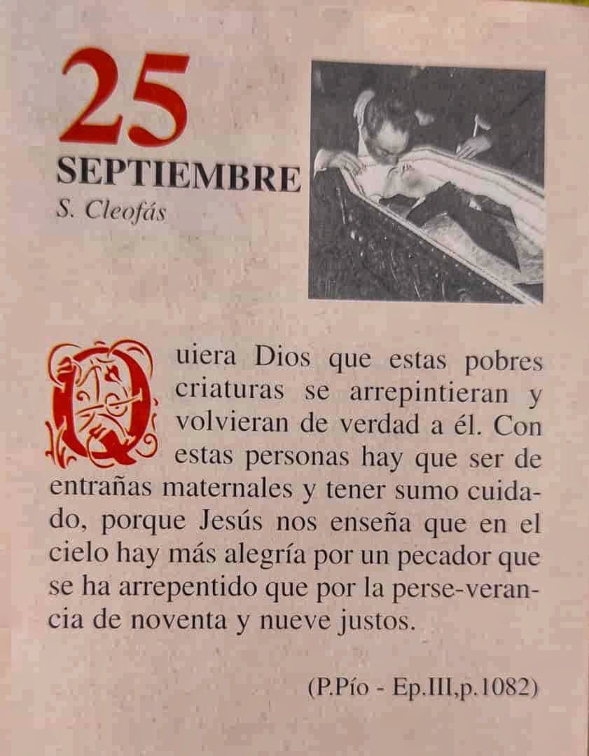 ¡Feliz Lunes 25 de Septiembre! 

“Quiera Dios que estas pobres criaturas se arrepintieran y volvieran de verdad a Él. Con estas personas hay que ser de entrañas maternales y tener sumo cuidado, porque Jesús nos enseña que en el Cielo hay más alegría por…”