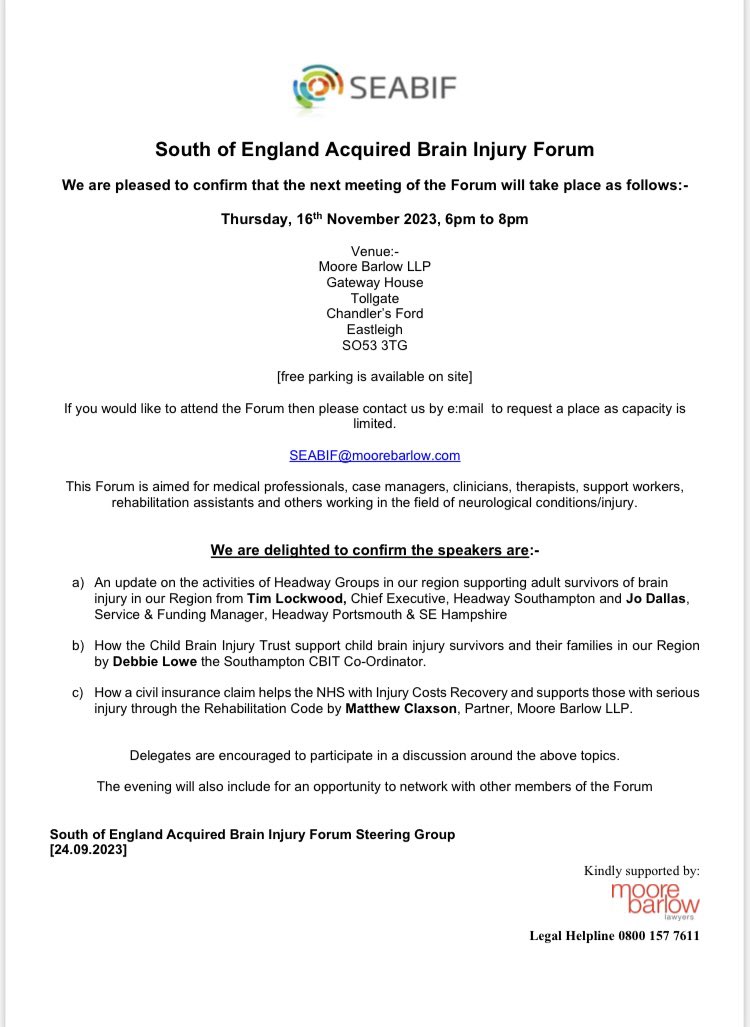 SEABIF (@seabif) on Twitter photo We are looking forward to hearing from our speakers at the next #SEABIF meeting on 16th November 2023 kindly hosted by @MooreBarlowLLP . Details of the meeting and how to request a place below.
#braininjury <a href="/UKABIF/">United Kingdom Acquired Brain Injury Forum</a> #Rehabilitation #education <a href="/CentreWessex/">Wessex Neurological Centre</a> <a href="/PeartreeRehab/">PeartreeRehab</a> We are looking forward to hearing from our speakers at the next #SEABIF meeting on 16th November 2023 kindly hosted by @MooreBarlowLLP . Details of the meeting and how to request a place below.
#braininjury <a href="/UKABIF/">United Kingdom Acquired Brain Injury Forum</a> #Rehabilitation #education <a href="/CentreWessex/">Wessex Neurological Centre</a> <a href="/PeartreeRehab/">PeartreeRehab</a>