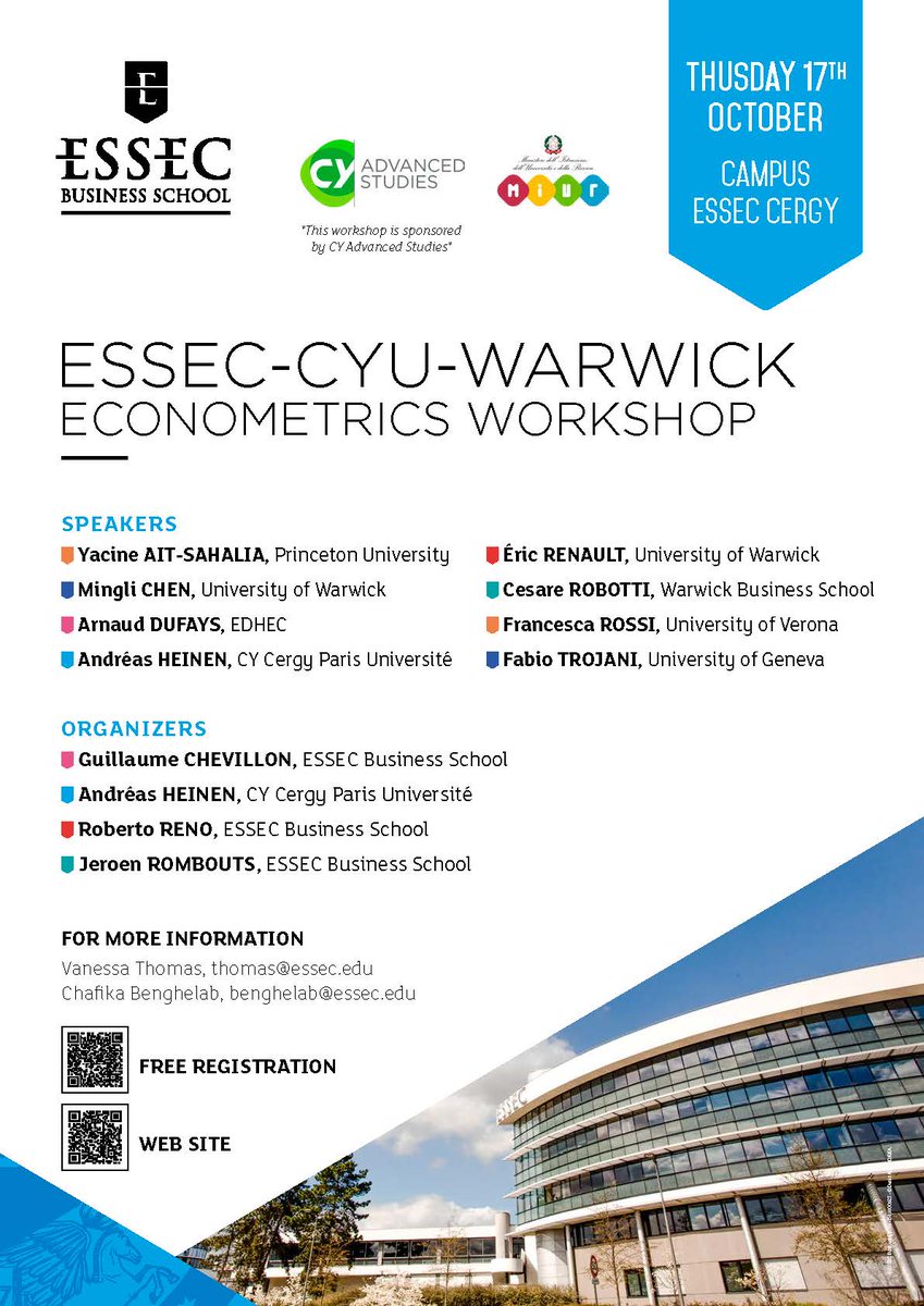 *SAVE THE DATE*
ESSEC-CYU-WARWICK Econometrics Workshop
October 17th at ESSEC Campus of Cergy.

Free registration: lnkd.in/eNxFudEi
More information: lnkd.in/er_Vpp9e