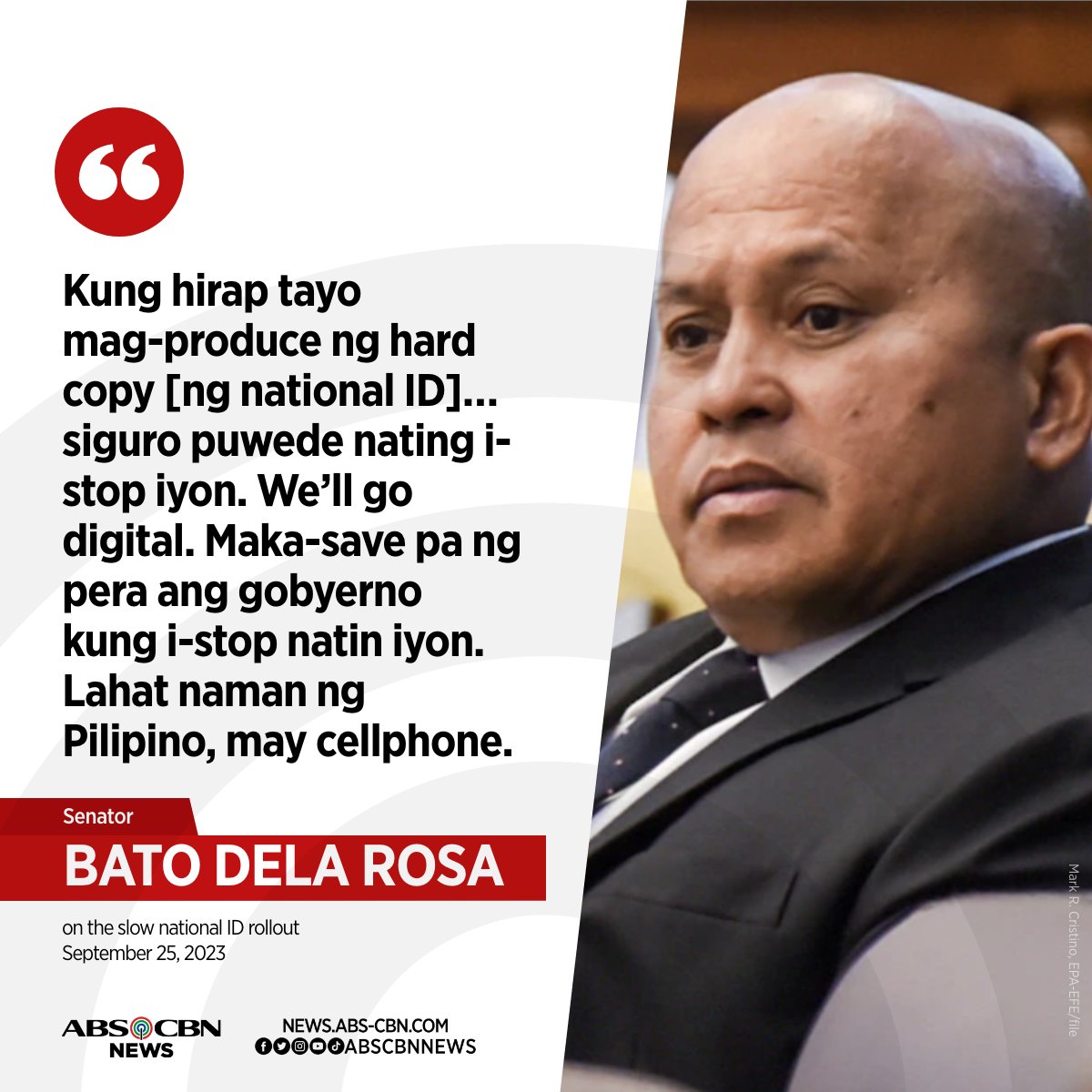 ABSCBNNews's tweet photo. Sang-ayon ka ba sa mungkahi ni Sen. Bato dela Rosa na digital copy na lang ng national ID ang ipamahagi ng pamahalaan? #ABSCBNNewsapan

Kaugnay na ulat: https://t.co/kTWiHyzS7i https://t.co/OLEbhAbTyp