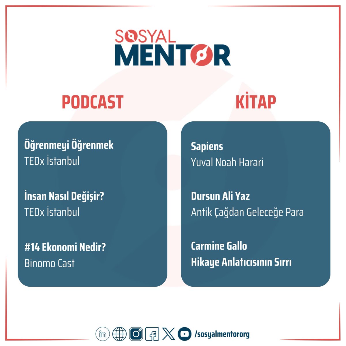 sosyalmentororg's tweet photo. Haftalık podcast ve kitap önerilerimiz. 📚 🎙️

Unutmayın, gerçek değişim bilgiyle başlar. Okuyun, öğrenin ve hayatınızı dönüştürün!

#binakılbirhedef #sosyalmentororg https://t.co/uGZ4G0Sxj7