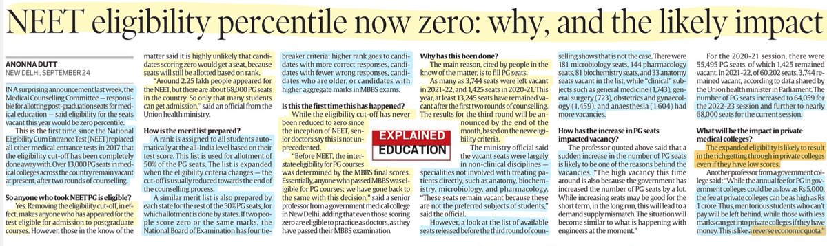 'NEET eligibility percentile now ZERO: Why, and the likely impact'
:Explained

#NEET #medicaleducation 
#PostGraduation 
#policy
#education 

#UPSC #upscaspirants 

Source: IE