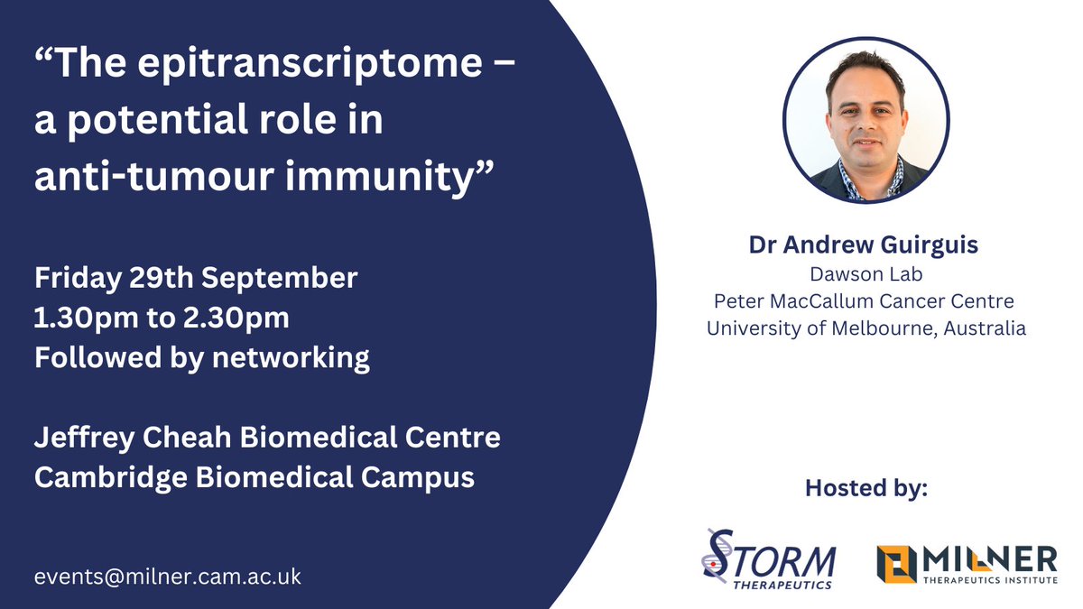 Milner Therapeutics Institute (@themilnerinst) on Twitter photo "The epitranscriptome – a potential role in anti-tumour immunity" 👀
Friday 29th September, JCBC, <a href="/CamBioCampus/">Cambridge Biomedical Campus</a>.
📣 <a href="/TheMilnerInst/">Milner Therapeutics Institute</a> and Affiliate Partner <a href="/storm_tx/">Storm Therapeutics</a> brings you Dr Andrew Guirguis <a href="/TheDawsonLab/">The Dawson Lab</a> for this specialty talk.
More info: milner.cam.ac.uk/event/the-epit… "The epitranscriptome – a potential role in anti-tumour immunity" 👀
Friday 29th September, JCBC, <a href="/CamBioCampus/">Cambridge Biomedical Campus</a>.
📣 <a href="/TheMilnerInst/">Milner Therapeutics Institute</a> and Affiliate Partner <a href="/storm_tx/">Storm Therapeutics</a> brings you Dr Andrew Guirguis <a href="/TheDawsonLab/">The Dawson Lab</a> for this specialty talk.
More info: milner.cam.ac.uk/event/the-epit…
