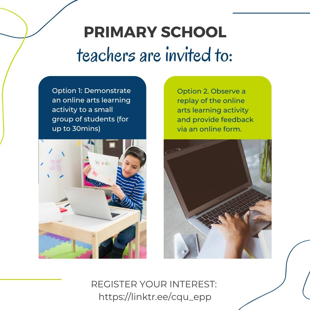 📣 PLEASE RT! We're inviting #primaryschool teachers to participate in Stage 3 of our Arts #LearningOnline Study as demonstrating or observing teachers in an online #artslearning activity demonstration. Learn more: linktr.ee/cqu_epp @CQU @UTSFASS @doncarter07 #CQUniResearch