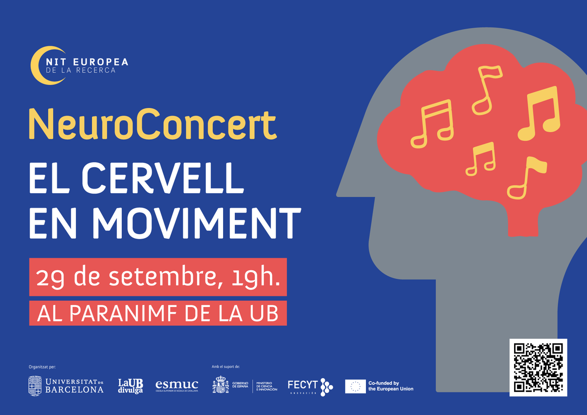 UBDivulga's tweet photo. Com reacciona el cervell quan escoltem música? Divendres celebrarem el #NeuroConcert amb motiu de la #NitRecerCat per intentar respondre a aquesta pregunta a través de música en directe i de diàlegs entre persones expertes en neurociències i en música. #mésquemil https://t.co/uoQ35ttOCA