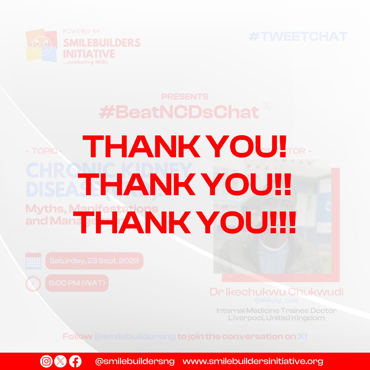 smilebuildersng's tweet photo. Thank you for being a part of our discussion on "The myths, manifestations, and management of Chronic Kidney Disease".

Together we continue to combat Non-communicable Diseases, saving lives and creating healthy communities.

#CKDawareness #SBI #CombatingNCDs https://t.co/0xcDw4u9QL