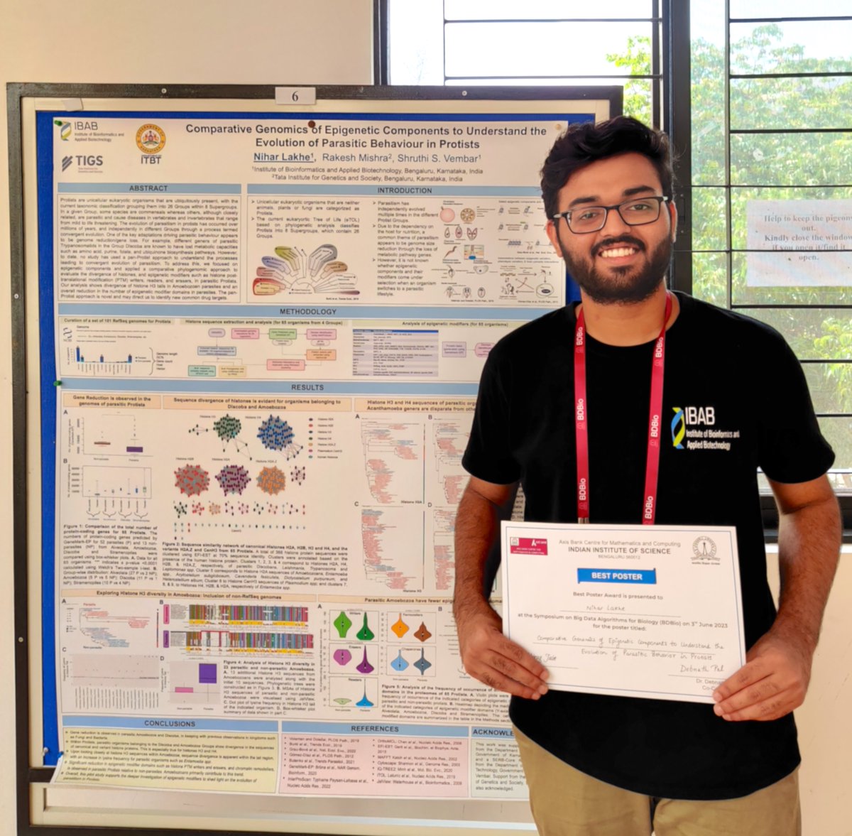 official_ibab's tweet photo. MSc student Nihar Lakhe secured the Best Poster Prize for his thesis work which he presented in the 'Symposium on Big Data Algorithms for Biology 2023' conducted @iiscbangalore
Guides: Dr. Shruthi of @official_ibab 
Prof. Rakesh Mishra of @TIGS_India
@plasmobees
@RakeshMishraLab https://t.co/Gll73sh3aL