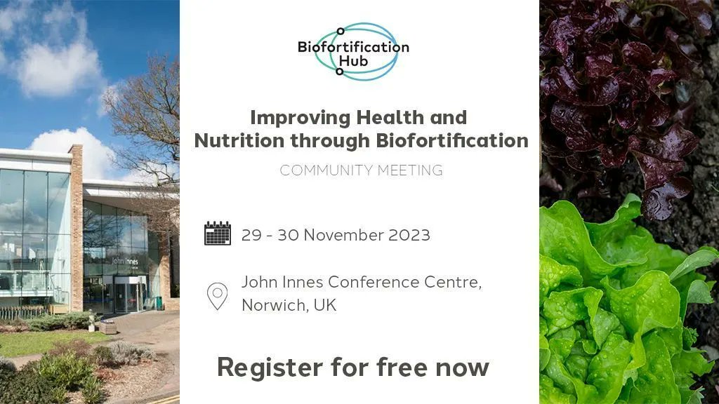 Are you interested in health, nutrition and biofortification?

Join the #BiofortificationHub's first Community Meeting happening this November 🌱 

🗓️ 29 - 30 November
📍 <a href="/JohnInnesCentre/">John Innes Centre</a> Conference Centre

Register now ➡️ buff.ly/488hGRe