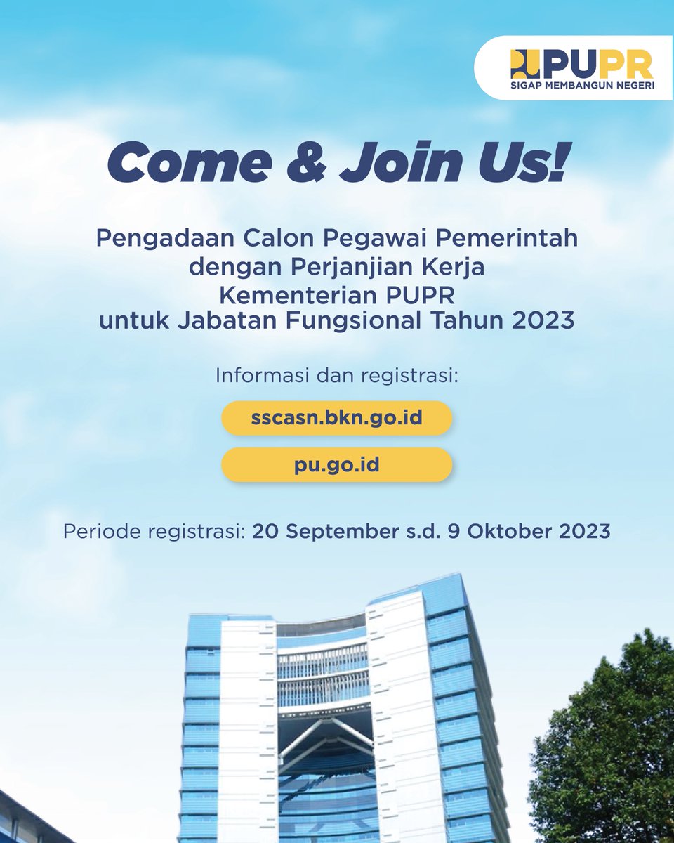 KemenPU's tweet photo. Saat yang kamu tunggu telah tiba. Mari bergabung dengan Kementerian PUPR sebagai Pegawai Pemerintah dengan Perjanjian Kerja untuk Jabatan Fungsional.

Informasi lengkap segera kunjungi https://t.co/STMdIUa3Bj atau https://t.co/uYECIlZGqh

#SigapMembangunNegeri https://t.co/qwPIkuul4D