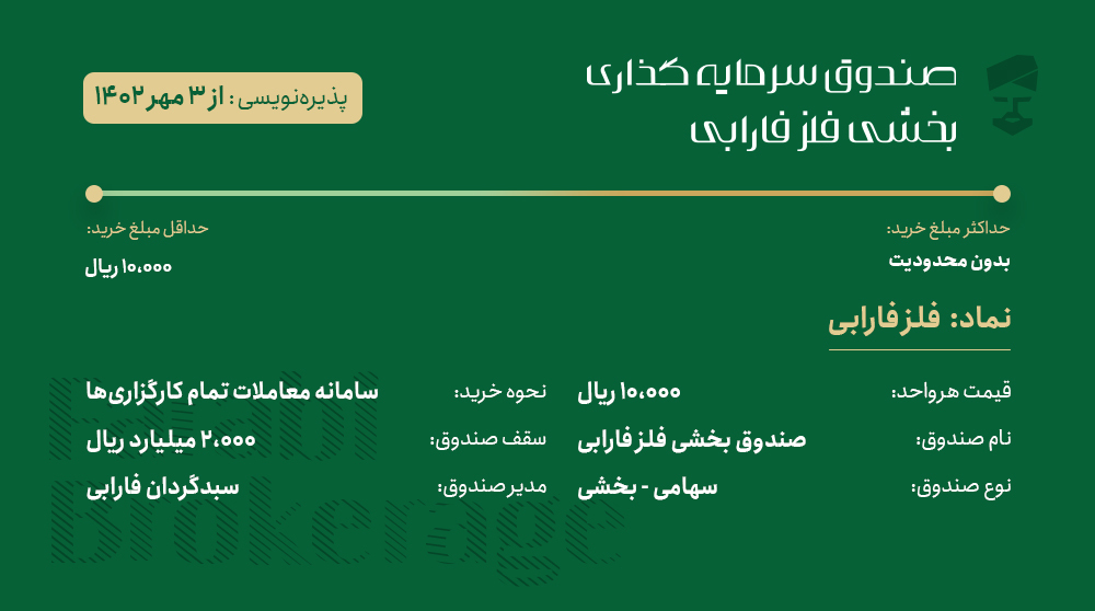 farabinvest's tweet photo. #پذیره‌نویسی صندوق بخشی #فلز_فارابی

نام نماد: فلزفارابی

قیمت هر واحد: ۱۰,۰۰۰ ریال
 
سقف صندوق:  ۲,۰۰۰ میلیارد ریال

نحوه خرید: کلیه کارگزاری‌ها

شما می‌توانید سفارش خود را از طریق سامانه #فارابیکسو ثبت کنید.

https://t.co/xML6U9Gcew

#کارگزاری_فارابی
#صندق_سرمایه_گذاری https://t.co/RbyZX9Ok00