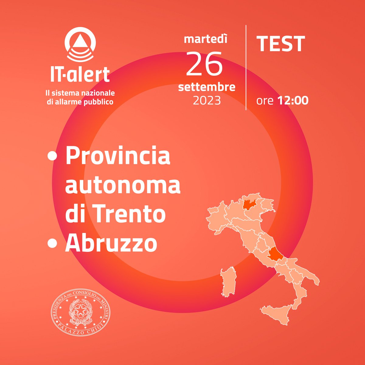 italertgov's tweet photo. 🔔In programma martedì #26settembre, intorno alle ore 12, un test #ITalert.
Se ti troverai in:
🔵 Provincia Autonoma di Trento
🔵 Abruzzo
o nelle aree limitrofe, riceverai sul tuo cellulare un messaggio.
👉🏻 Clicca e compila il questionario.
https://t.co/S7DhoWfs4x https://t.co/GFGhqK8bZH