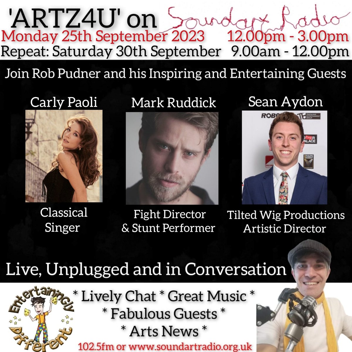 Rob Pudner (@entertaininglyd) on Twitter photo 📻 Today on @soundartradio another <a href="/EntertaininglyD/">Rob Pudner</a> edition of ARTZ4U
🎧 Listen live from 12.00pm or catch the repeat on Saturday morning from 9.00am by simply clicking here: icecast.commedia.org.uk:8000/soundart.mp3
Great music and lively chat is absolutely guaranteed! 📻 Today on @soundartradio another <a href="/EntertaininglyD/">Rob Pudner</a> edition of ARTZ4U
🎧 Listen live from 12.00pm or catch the repeat on Saturday morning from 9.00am by simply clicking here: icecast.commedia.org.uk:8000/soundart.mp3
Great music and lively chat is absolutely guaranteed!