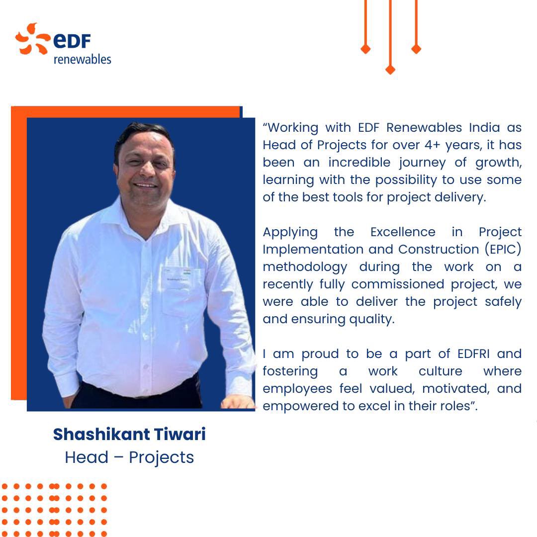 Mr. Shashikant Tiwari our Head Projects for more than 4 years, sharing his #experience about working with EDF Renewables India #EDFRenewablesIndia #SwitchtoRenewables #Employeetestimonial #Renewables #EDFRenewables #Renewableenergy