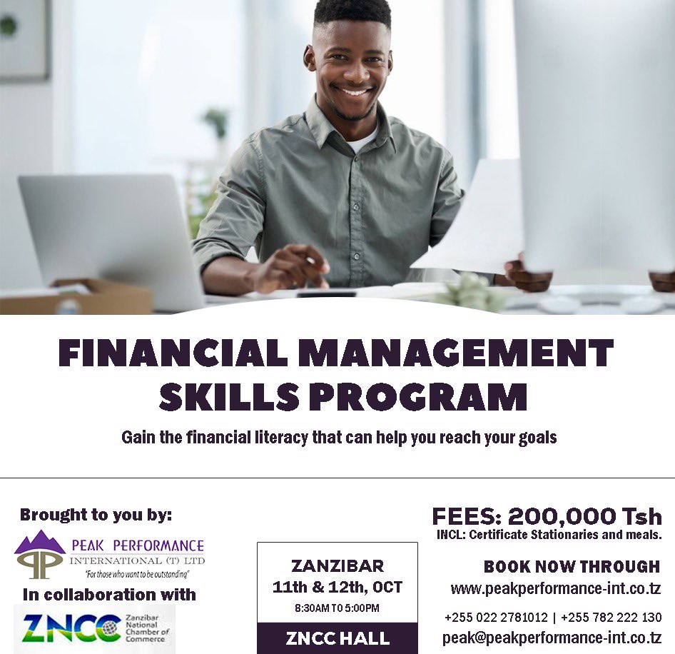 ZANZIBAR IS CALLING!

Are you ready to take extra step towards you financial literacy!?

Book your seat now through: peakperformance-int.co.tz

#financial #financialskills #financialskillstraining #financialmanagement #financialmanagementtraining #training #peakperformance