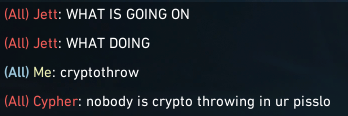 myleskai's tweet photo. @vietaki @riotgames @VALORANT also queues with bleak#mp3 and dude says no one is cryptothrowing but is getting games thrown for him by his friend, what a joke these 3 are. https://t.co/Fj5dTX8uBu