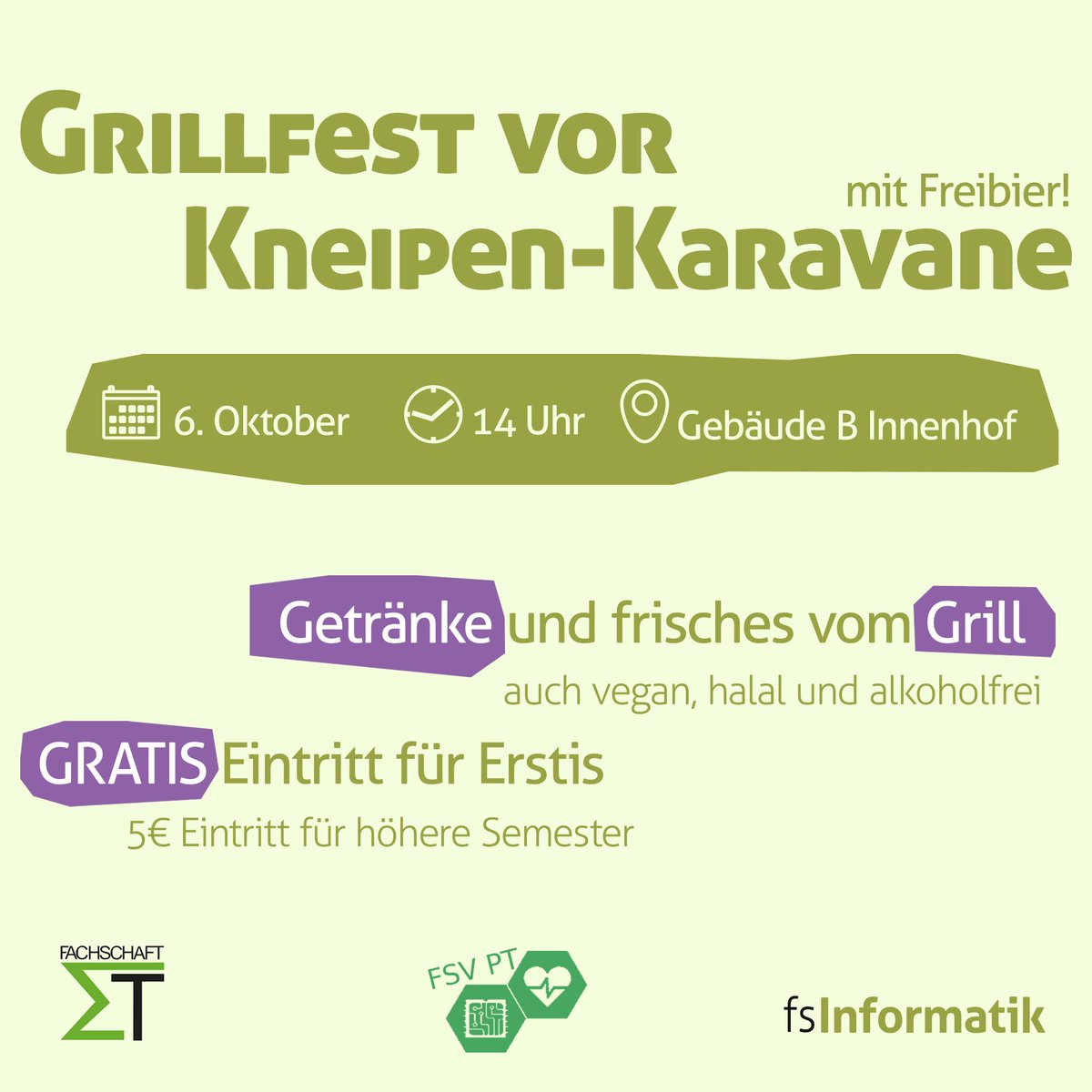 Schlagt euch am 6. Oktober den Bauch mit frischem Grillgut und Salaten bei uns voll, bevor der AStA euch zur Tour De Buer einlädt - oder bleibt bis zum Ende dort und genießt Freibier bei uns ;)