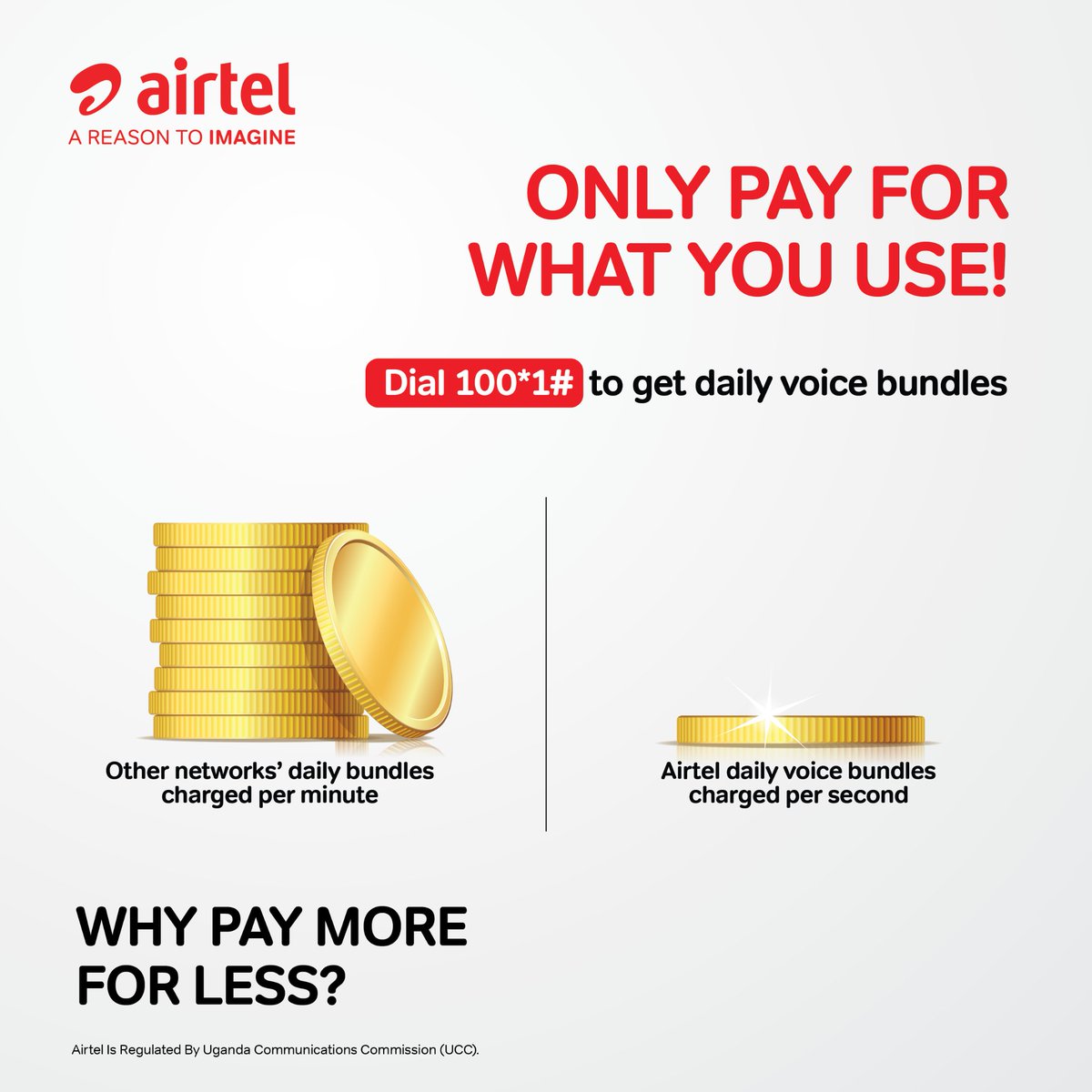 Only pay for what you use with Airtel Daily Voice bundles now charged per second. 
Your 30-second phone call should only take 30 seconds from your daily Voice bundle and we have made that possible.

Dial *100*1# to get your Daily Voice bundles.

#AirtelPerSecond