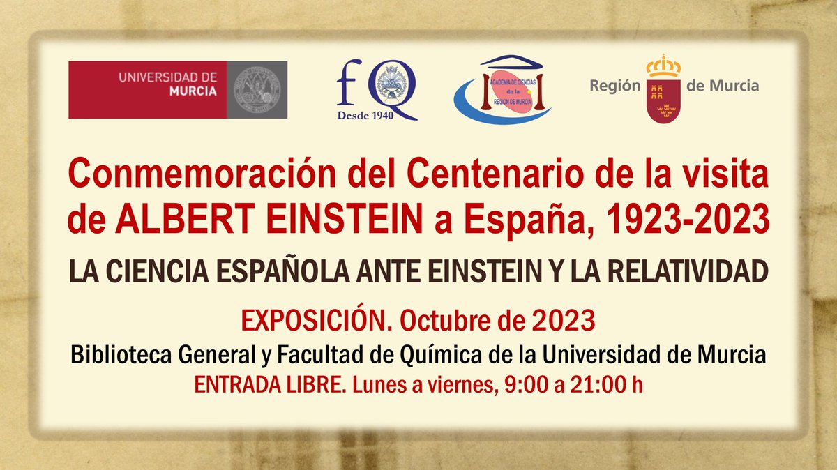 AEAC (@aeac_science) on Twitter photo Para conmemorar el centenario de la visita de #AlbertEinstein a #España en 1923, la <a href="/UMU/">Universidad Murcia</a> organiza una #exposición con entrada libre gratuita durante el mes de #Octubre de 2023
📍 Biblioteca General Universidad de Murcia
👉 bit.ly/ExposicionEins… Para conmemorar el centenario de la visita de #AlbertEinstein a #España en 1923, la <a href="/UMU/">Universidad Murcia</a> organiza una #exposición con entrada libre gratuita durante el mes de #Octubre de 2023
📍 Biblioteca General Universidad de Murcia
👉 bit.ly/ExposicionEins…
