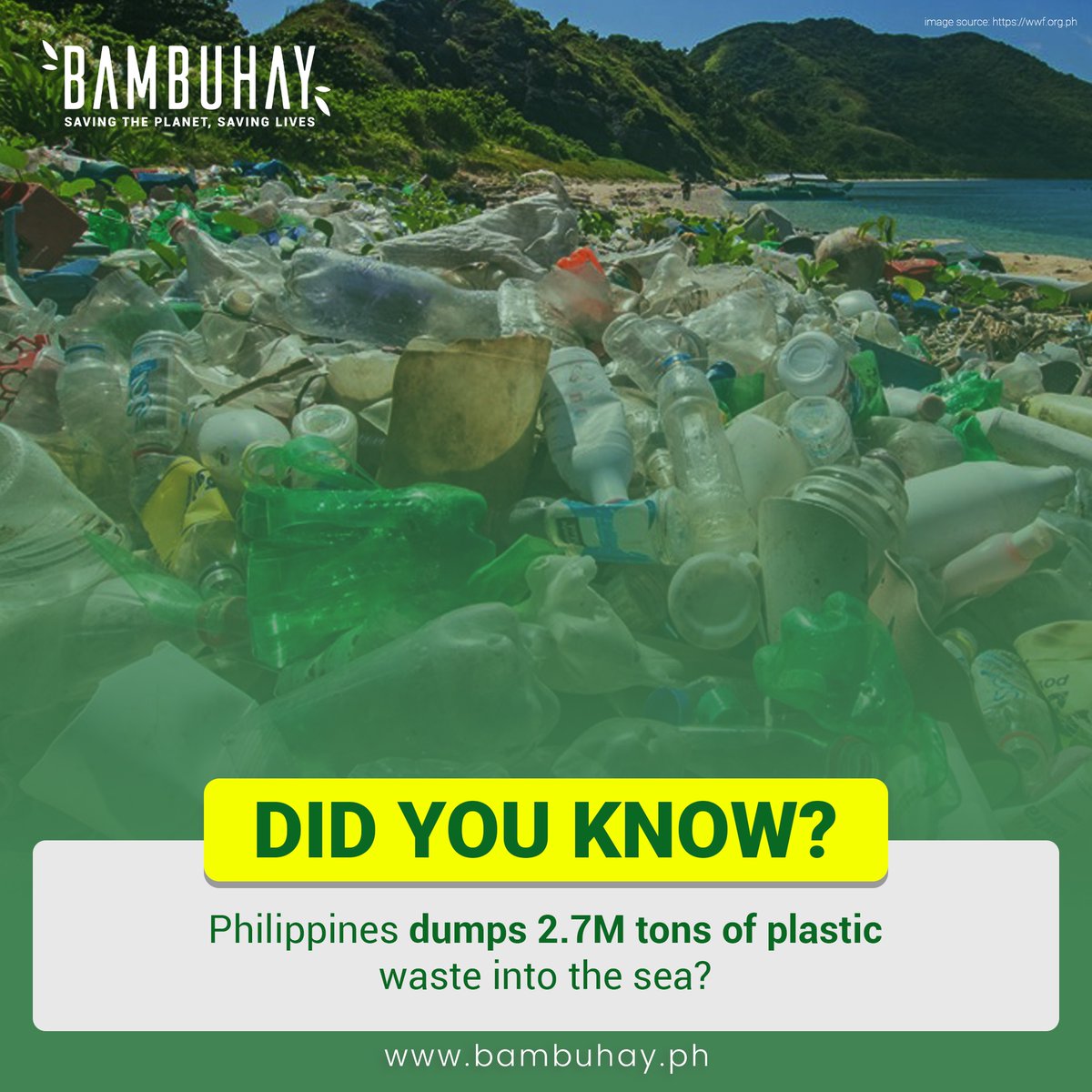DID YOU KNOW?
Philippines dumps 2.7M tons of plastic waste into the sea?

For more information,
bambuhay.ph

#PlasticFreeStartsWithMe #breakfreefromplastic #savingtheplanet #savinglives #plantable #FreedomFromPlastic #Bambuhay #Bamboo #BeatPlasticPollution