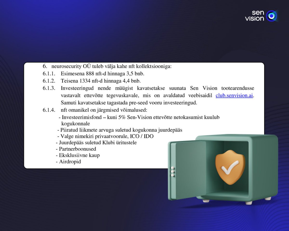 senvision_ai's tweet photo. ✅ The creation of NFT - SenVision Club is now registered with the business registry!

🛡 Investor security at the highest level!

You can find the document at this link: https://t.co/2kaNI87oWq (Documents tab, Date: September 13, 2023). https://t.co/rJ4RETbvCG
