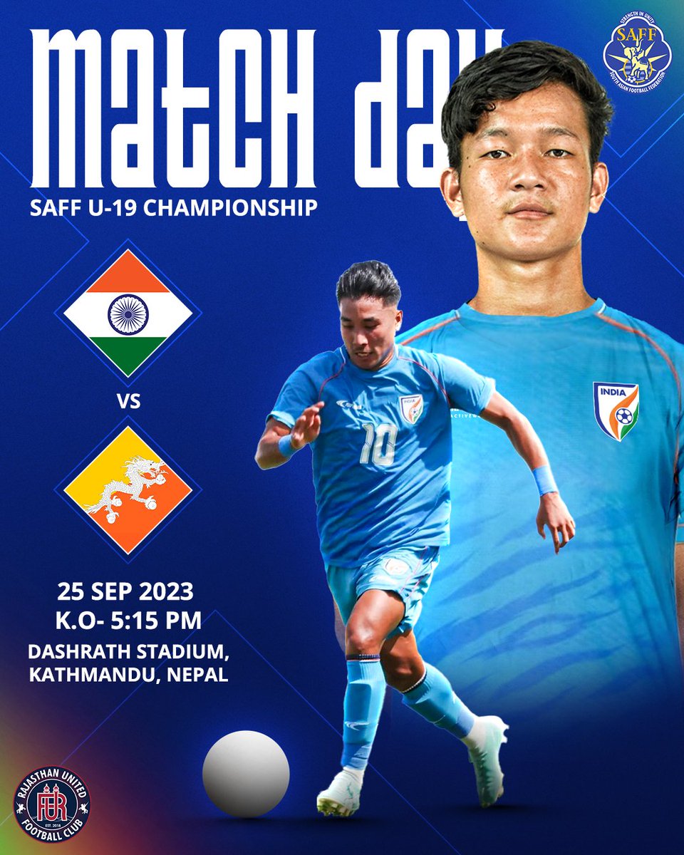 RajasthanUnited's tweet photo. All the best to our boys as India will lock swords with Bhutan today in the U-19 SAFF Championship.
#RajasthanUnitedFC #Rufc #AbKhelegaRajasthan #SaffCup https://t.co/ZaDmhFoKLw