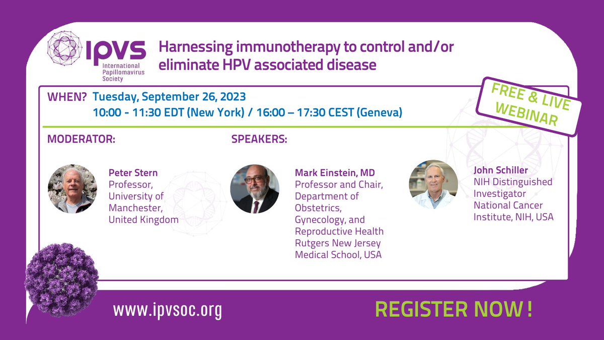 ⌛️ Last chance to sign up to hear from Peter Stern, John Schiller and Mark Einstein tomorrow about #immunotherapy and #HPV associated disease.
Don't miss out on the opportunity to ask your questions to the experts.
Register today 👉 bit.ly/3PhcaDt
#immunecontrol
