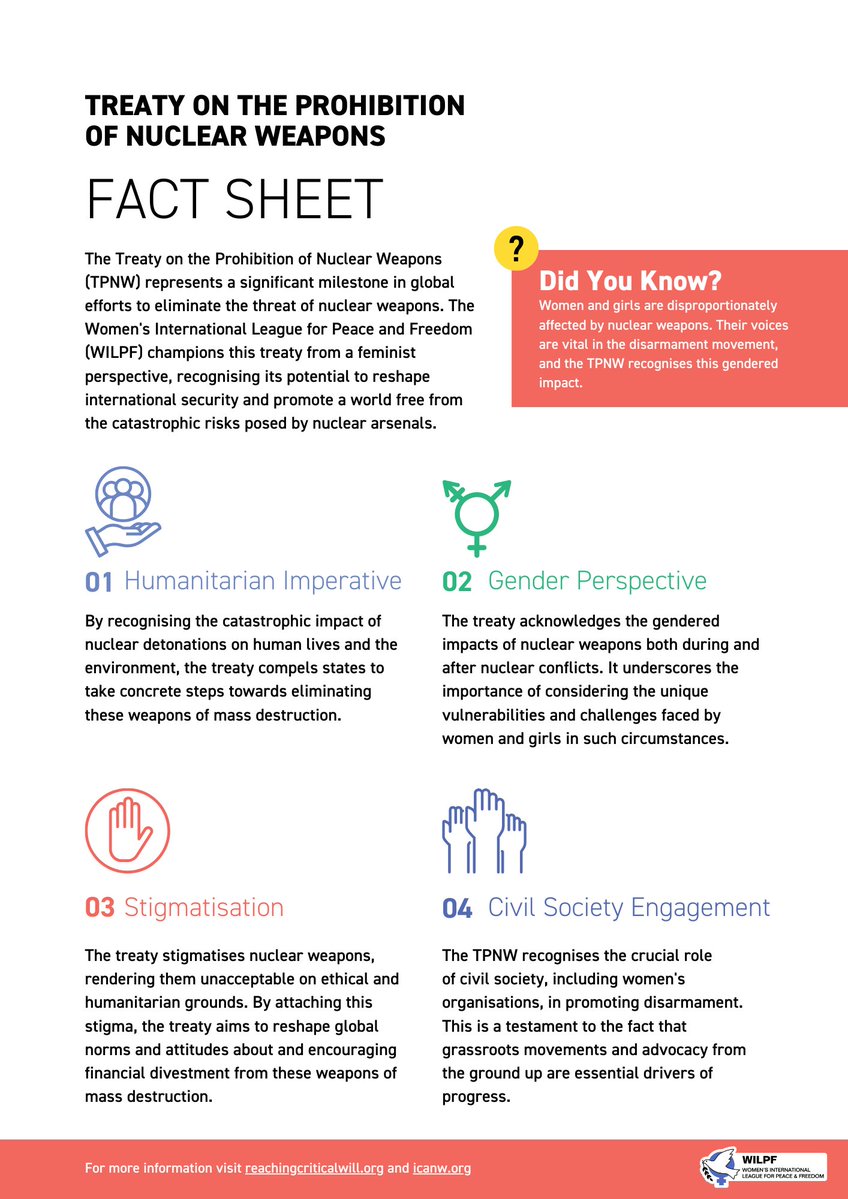 WILPF's tweet photo. 🔍 Did you know? The Treaty on the Prohibition of Nuclear Weapons (TPNW) is a game-changer in our quest for a world without #NuclearWeapons.

Check out this fact sheet and discover the #TPNW from a feminist perspective. Let's spread the word!

#NuclearFreeFuture https://t.co/0MHlkM4qPt